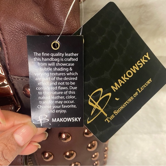 NWT B Makowsky Leather Shoulder Crossbody Handbag, Copper Studs & Suede Accents - Picture 7 of 14